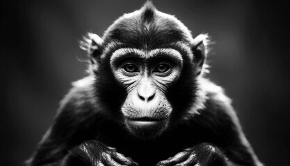 Obraz premium Black and white portrait of a monkey with intense gaze