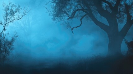 Misty dark forest with trees and eerie atmosphere at dawn