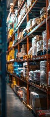 Busy retail warehouse shelves with goods in cartons pallets forklifts blurred background logistics and transportation