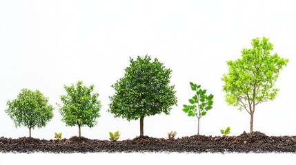 Life cycle of a tree, depicted from seed to fully grown tree, with each stage illustrated. White background