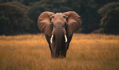 Fototapeta premium Grassland with wild elephants approaching head on, Generative AI