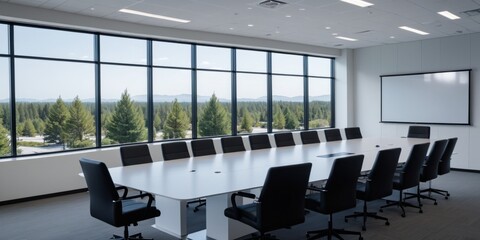 Contemporary conference room with a large window, high ceiling,