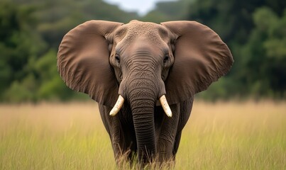 Naklejka premium Grassland with wild elephants approaching head on, Generative AI