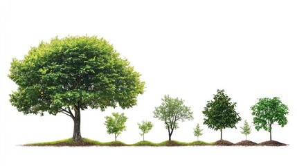 Tree life cycle illustrated from seed to fully grown tree, showing growth stages. White background