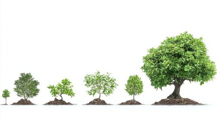 Obraz premium Tree life cycle illustrated in stages, from germinating seed to mature tree. Isolated on white