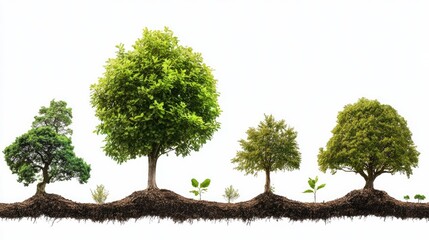 Tree life cycle illustrated in stages, from germination to maturity. Isolated on a white background