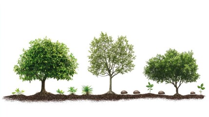 Tree life cycle illustration, showing stages from seed to mature tree. White background