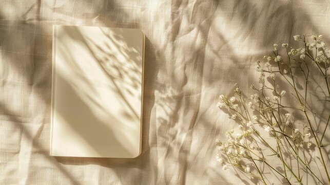 Blank Notepad and Floral Shadows on Beige Linen, Copy Space for Aesthetic Blog Design
