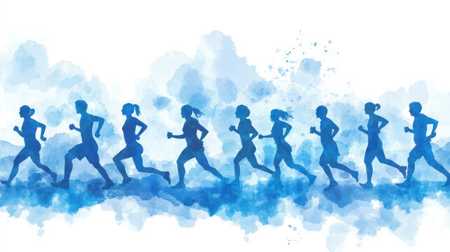 Blue watercolor painting of a group people exercise workout together