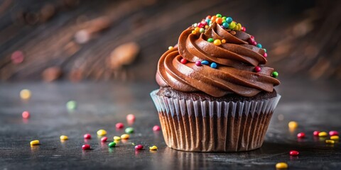 Close up of a decadent chocolate cupcake with rich frosting and sprinkles, cupcake, chocolate, cake, dessert, food, sweet