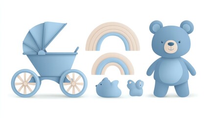 Fototapeta premium Charming blue toy set, featuring a vector stroller, bear, and rainbow on a plain white background