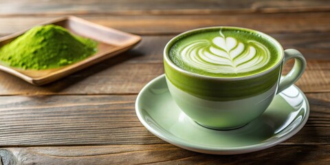 Green matcha latte with powder on table, matcha, latte, green, powder, drink, beverage, healthy, organic, Japanese, tea, wood