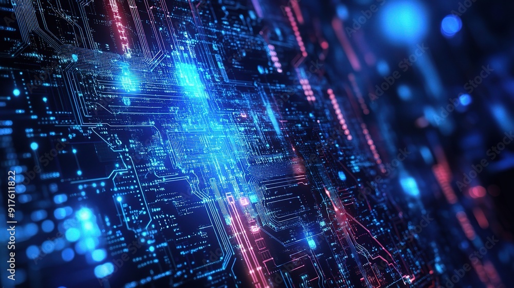 Poster digital metropolis: a mesmerizing 3d render of a futuristic cityscape, illuminated by glowing circui