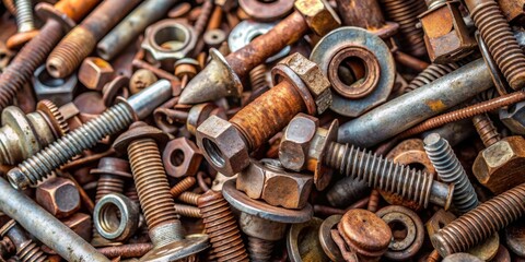 A close-up photo of various scrapped metal pieces, including rusted nails, bolts, and car parts , scrap metal, recycling