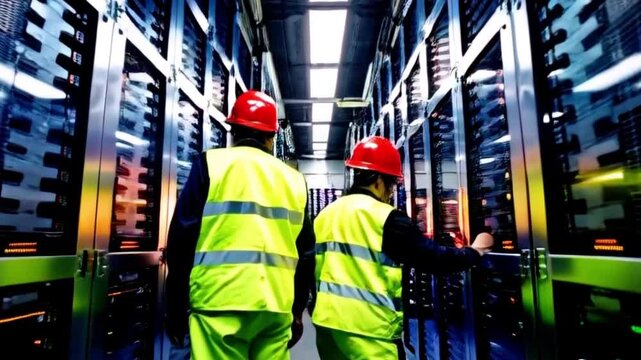 Technicians in a large, high-tech data center, inspecting and maintaining server racks