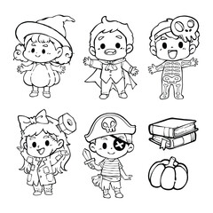 Set of kids in halloween costumes line art cartoon. Vampire, witch, pirate, skeleton, frankenstein, dracula coloring book. Coloring page for kids. Elements for halloween festival decorative design.