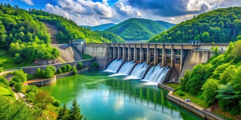 Fototapeta premium Hydroelectric dam surrounded by vibrant greenery, hydroelectric, dam, lush, greenery, nature, renewable energy