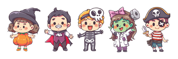 Set of kids in halloween costumes cartoon. Kids in a different Halloween costumes with vampire, witch, pirate, skeleton, frankenstein, dracula. Elements for halloween festival decorative design.