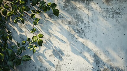 Cement wall with grainy texture and some leaves on the left