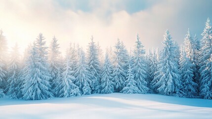 Fototapeta premium Winter's Embrace: Sun-Kissed Snow and Majestic Pines