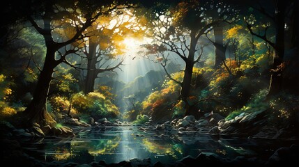 Obraz premium Sunbeams Illuminating a Tranquil Forest Stream