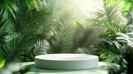 Obraz premium 240804 16. White podium geometry centered, empty stand background, lush tropical forest surroundings, abstract composition concept, vibrant green hues, soft natural lighting, minimalist product