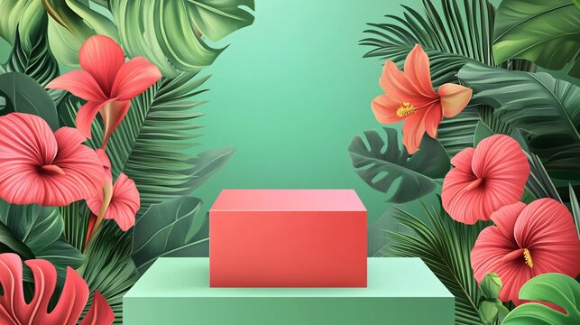 240804 24. Vector illustration featuring square display stand, backdrop of vivid green, lush tropical flowers surrounding, pop art inspired concept, bold outlines, color blocking technique, clean
