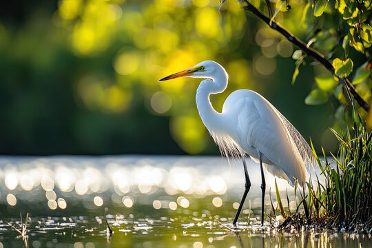 Graceful Egret Standing by Sunlit Water's Edge with Lush Greenery