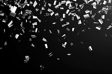 Silver confetti falling on black background