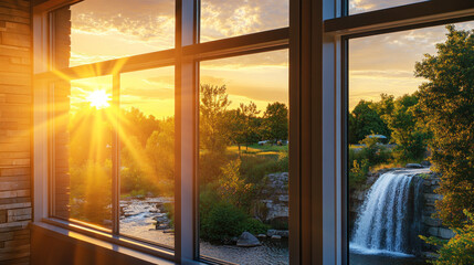 Golden view from modern home to an outside river through windows