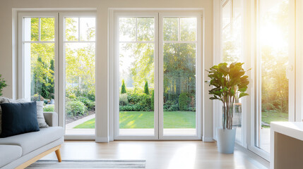 Morning view from modern home to an outside backyard through windows