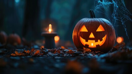 Obraz premium Glowing jack-o'-lantern in spooky forest with candles