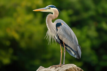Great Blue Heron Perched on a Rock with Green Foliage Background