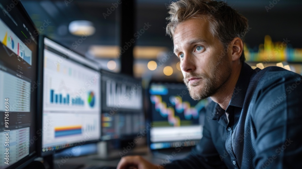 Poster businessman analyzing data on multiple screens