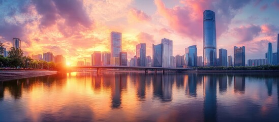 Fototapeta premium skyscrapers reflecting in calm water of river near bridge against cloudy sunset sky