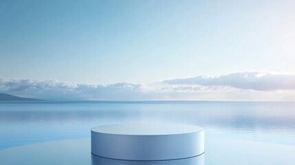 240804 45. Matte glass cylinder podium with reflective surface, simple abstract light blue background featuring gentle curves, natural scenery landscape with a calm ocean view, minimalistic approach