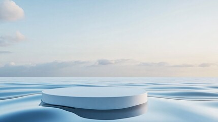 240804 45. Matte glass cylinder podium with reflective surface, simple abstract light blue background featuring gentle curves, natural scenery landscape with a calm ocean view, minimalistic approach