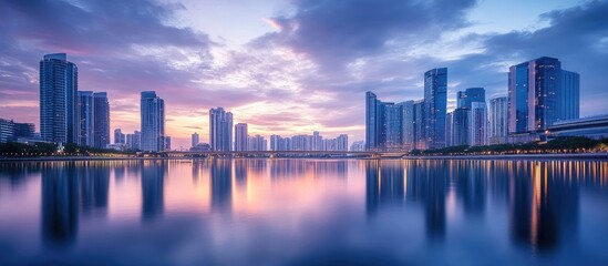 skyscrapers reflecting in calm water of river near bridge against cloudy sunset sky