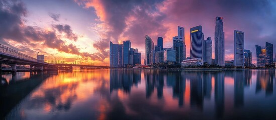 skyscrapers reflecting in calm water of river near bridge against cloudy sunset sky