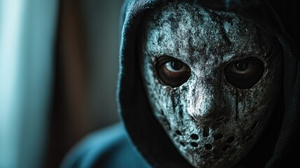 Obraz premium Close-up of person wearing scary, cracked mask with intense eyes and hood, creating haunting mysterious atmosphere