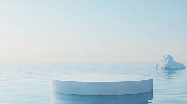 240804 45. Matte glass cylinder podium with reflective surface, simple abstract light blue background featuring gentle curves, natural scenery landscape with a calm ocean view, minimalistic approach