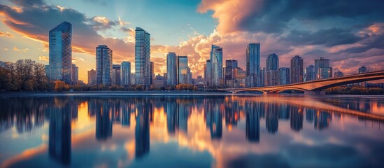 Fototapeta premium skyscrapers reflecting in calm water of river near bridge against cloudy sunset sky