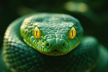 Fototapeta premium A green snake has yellow eyes and is coiled among green leaves, showcasing its intricate scale patterns and vibrant color.