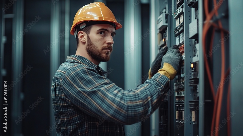 Poster connecting the digital world: a focused network engineer diligently configures server equipment in a