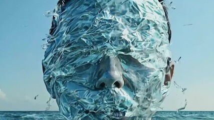 A face emerges from the water, covered in swirling, abstract water.