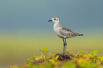 Obraz premium Shorebird Standing on a Mound in a Lush Green Field with Soft Horizon