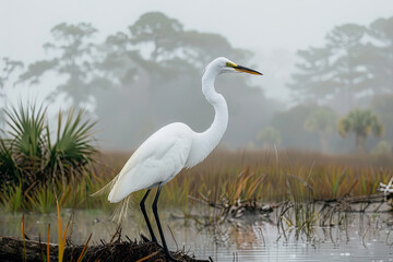 Obraz premium Egret in a Misty Marshland