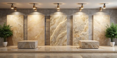Beige stone slabs in rendering backdrop for luxury goods display, luxury goods, advertising, backdrop