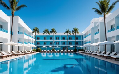 Fototapeta premium Tranquil Pool Oasis Surrounded by Palm Trees, Lounge Chairs, and