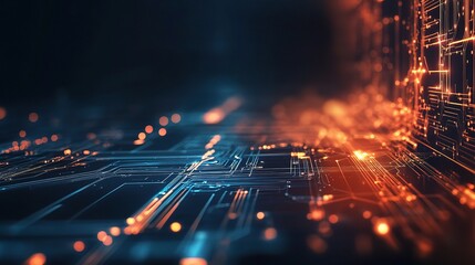 Fototapeta premium Abstract Technology: A mesmerizing abstract image of a glowing, futuristic circuit board, evoking themes of innovation, progress, and the digital age. 
